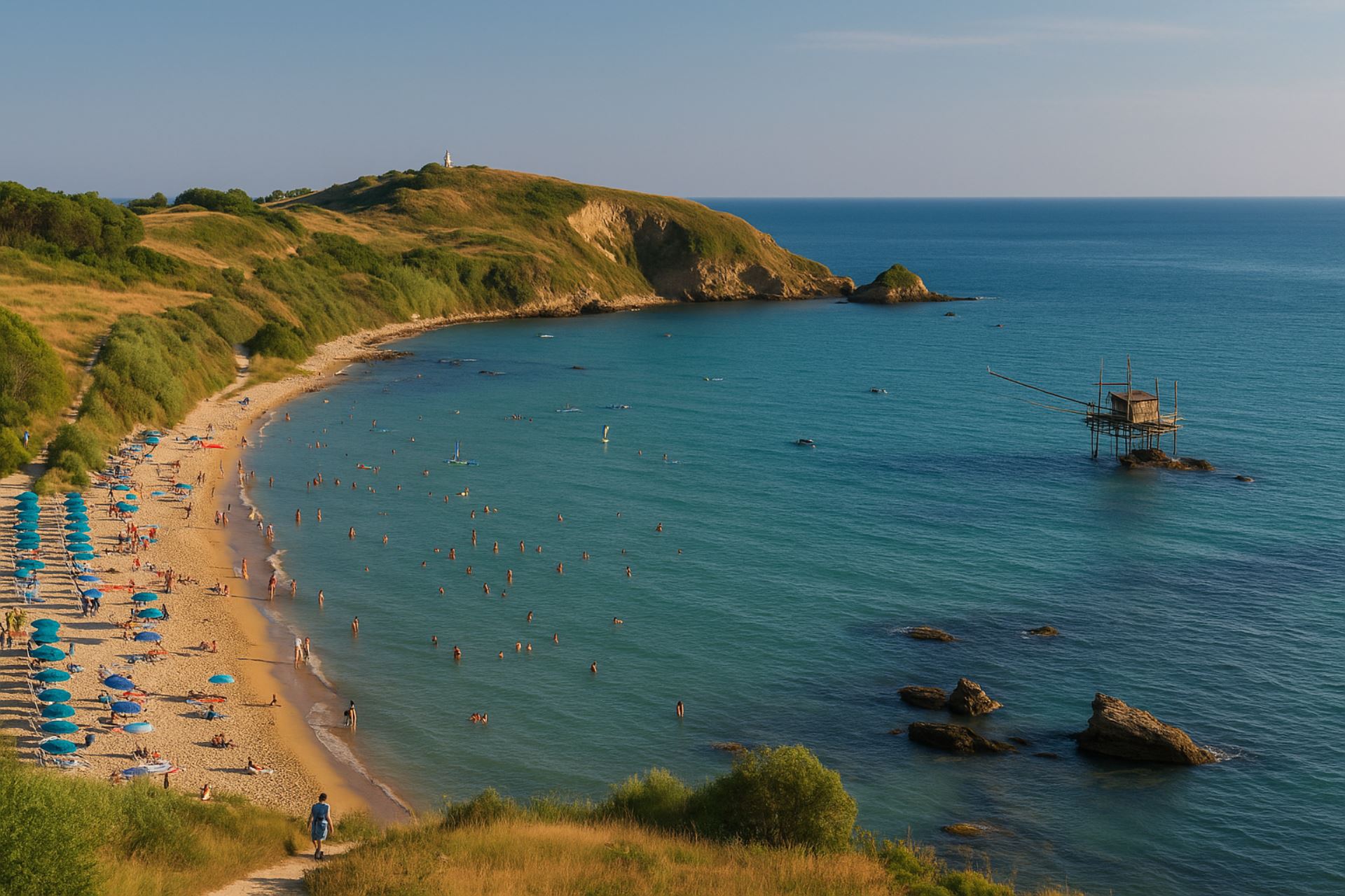Veduta panoramica della spiaggia di Punta Penna a Vasto in una giornata estiva, con sabbia dorata costellata di ombrelloni azzurri, bagnanti in acqua e sulla battigia, mare turchese limpido e un trabocco tradizionale in legno che si staglia sul mare a destra. Sullo sfondo, la Riserva Naturale di Punta Aderci con promontori verdi, scogliere e un faro visibile in cima alla collina.