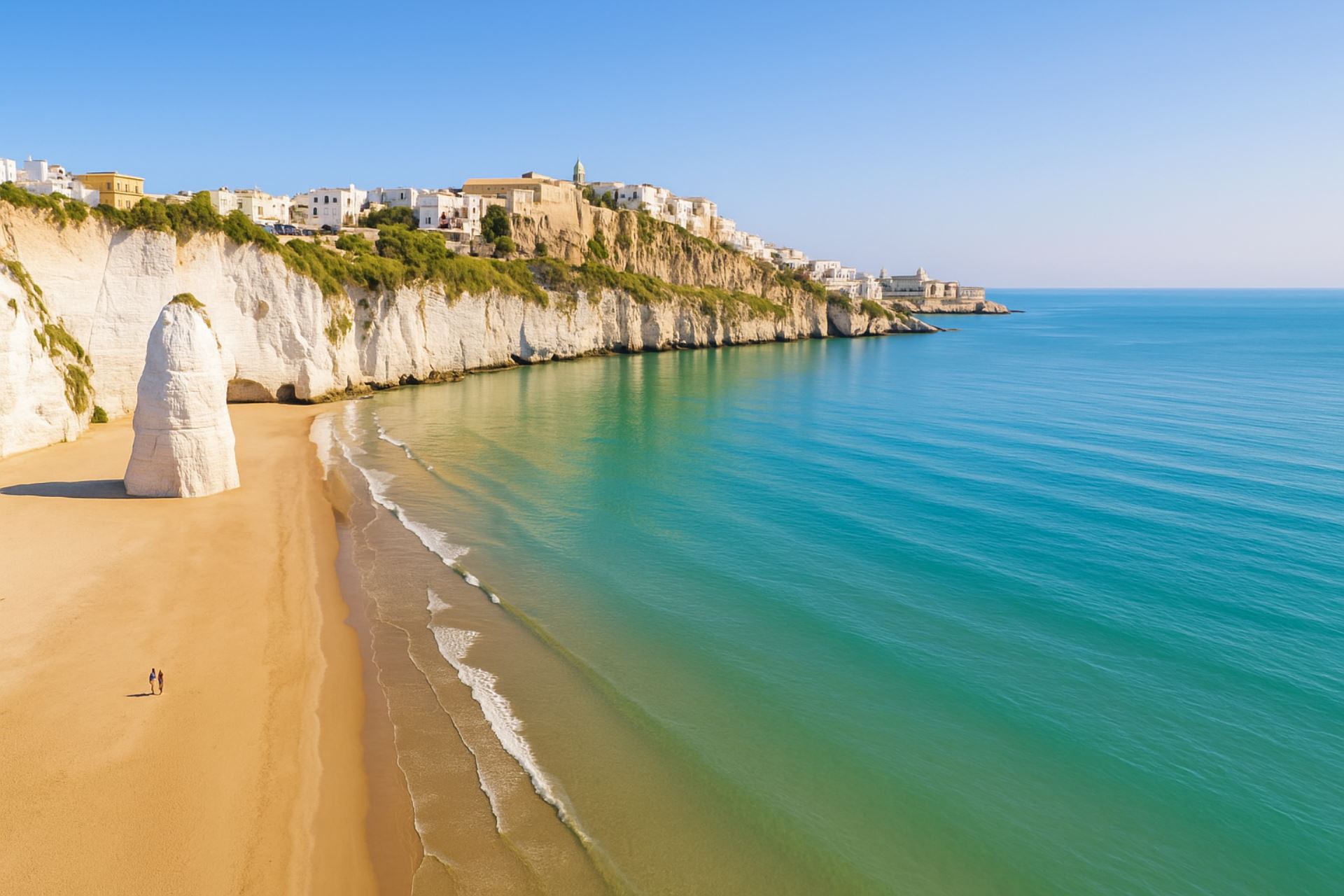 Vista panoramica della spiaggia del Pizzomunno a Vieste, con il celebre monolite bianco in primo piano, scogliere calcaree e il borgo storico arroccato sul promontorio del Gargano, bagnato dalle acque turchesi dell’Adriatico in una luminosa giornata estiva.