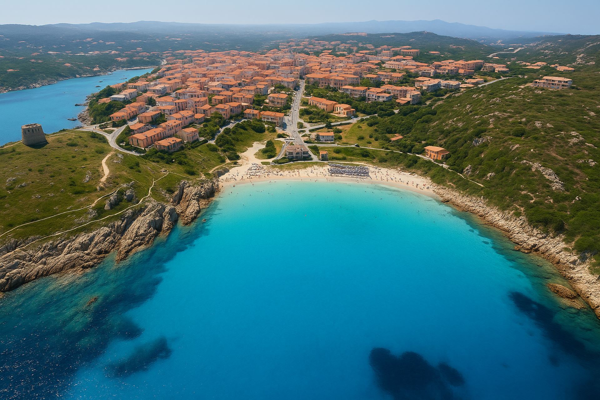 Veduta aerea di Santa Teresa di Gallura in estate, con il centro abitato dalle tipiche case color ocra che si affaccia sulla spiaggia di Rena Bianca, caratterizzata da sabbia chiara e mare turchese, circondata da scogliere rocciose e dalla storica Torre di Longosardo.