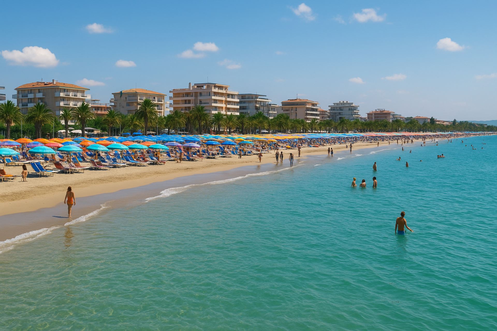 Veduta panoramica della spiaggia di Alba Adriatica in estate, con ombrelloni colorati, bagnanti lungo la riva e palme sul lungomare, sotto un cielo sereno e soleggiato.