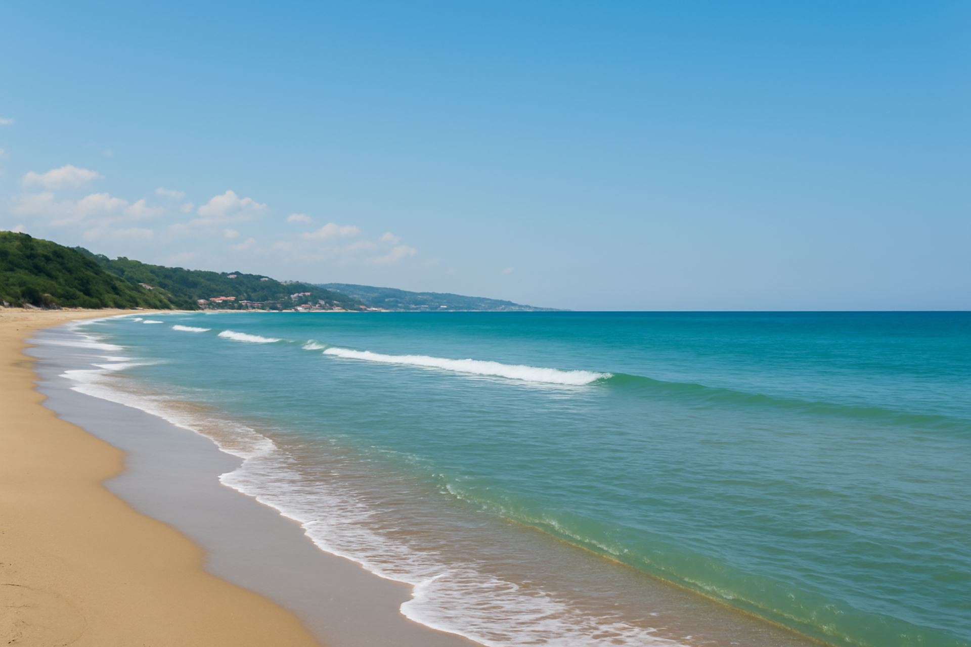 Spiaggia dorata della costa in Abruzzo con mare calmo e acqua turchese, ideale per attività estive e vacanze al mare