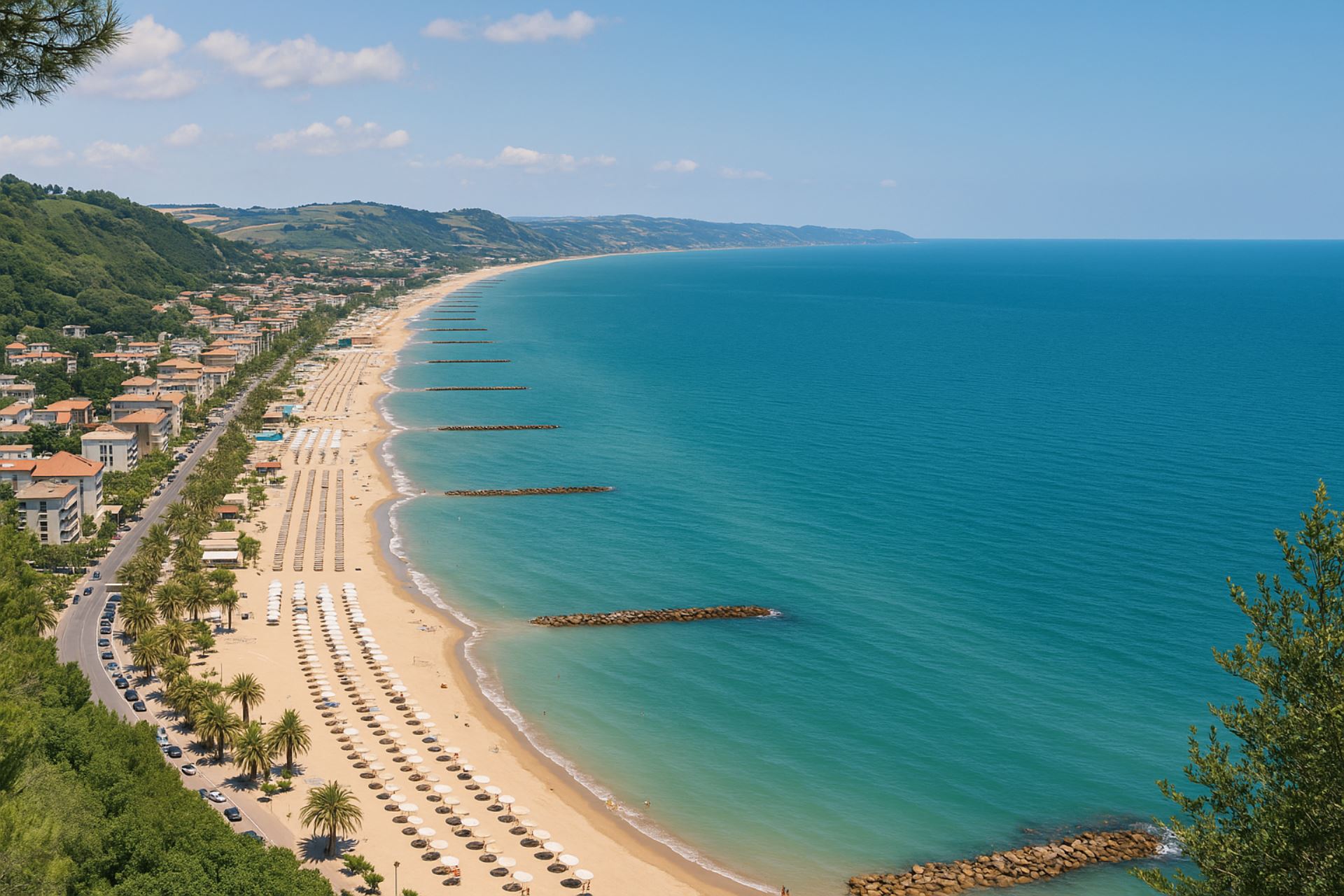 Veduta panoramica della costa delle Marche con spiaggia sabbiosa attrezzata con ombrelloni, mare Adriatico turchese e colline verdi sullo sfondo, tipico paesaggio balneare marchigiano.