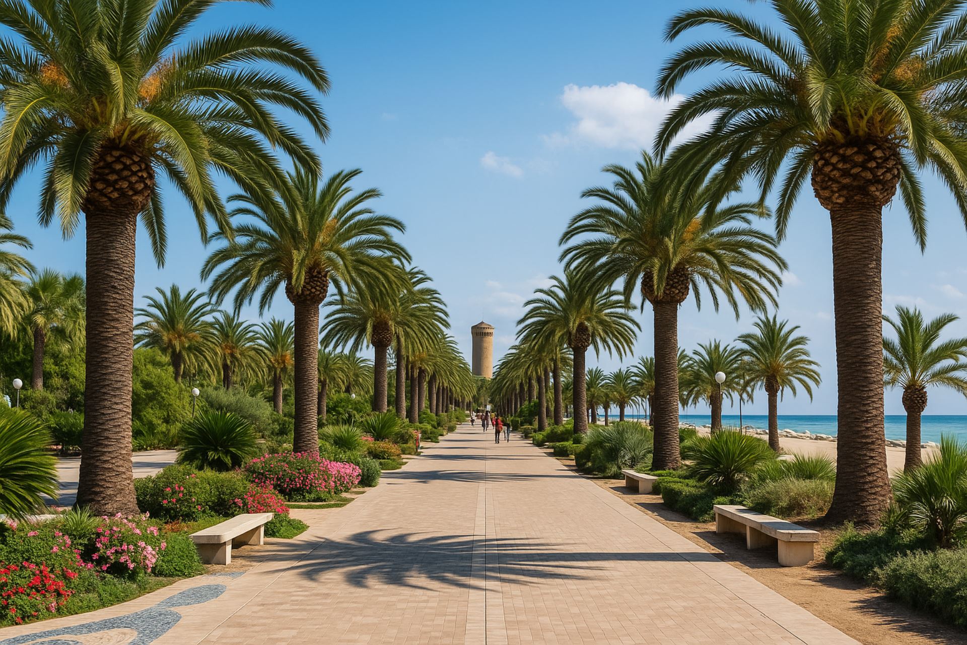 Panoramica del lungomare di San Benedetto del Tronto con alte palme, aiuole fiorite, panchine in pietra e vista sul mare Adriatico, in una calda giornata estiva.
