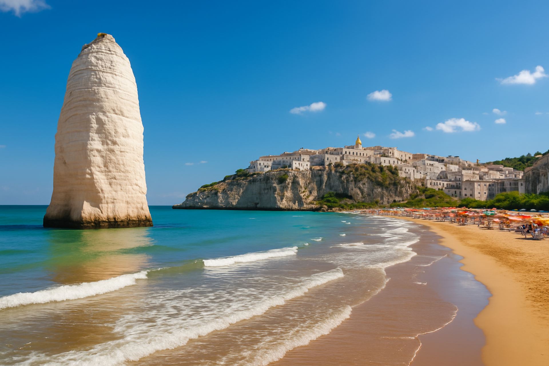 Veduta panoramica della spiaggia di Pizzomunno a Vieste, con il celebre monolite calcareo in primo piano, mare turchese, sabbia dorata e il centro storico arroccato su una scogliera sullo sfondo sotto un cielo limpido.